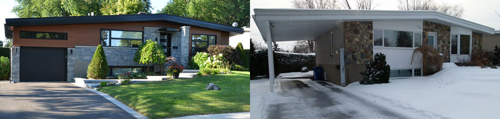 Very well done transformation of a carport into a modern style attached garage for a bungalow. Single garage door in Black.
