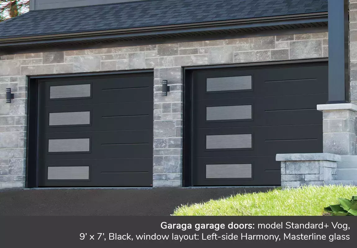 Garaga garage doors: Standard+ Vog, 9' x 7', Black, window layout: Left-side Harmony, Masterline glass